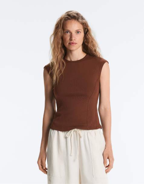 OYSHO Short-sleeved rib top with cotton and modal in coffee - view 1