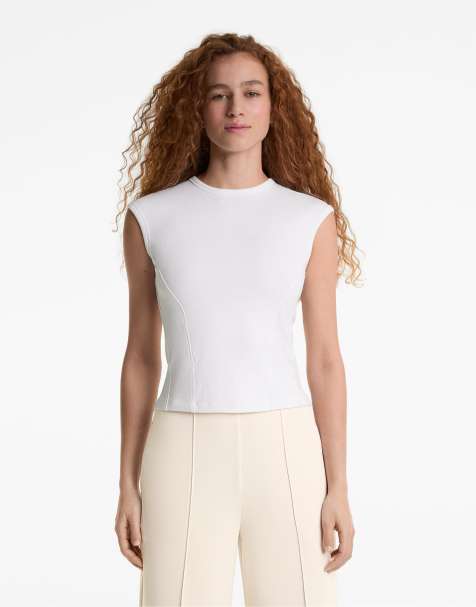 OYSHO Short-sleeved rib top with cotton and modal in off-white - view 1