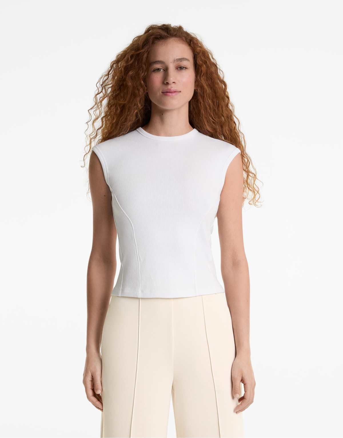 Oysho Short-sleeved rib top with cotton and modal in off-white