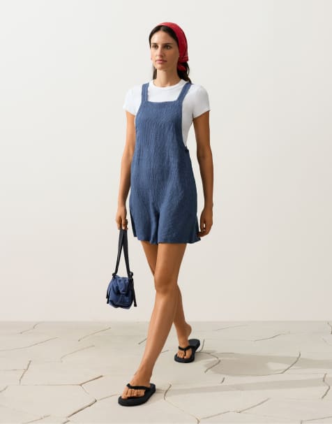 OYSHO Short strappy 100% linen jumpsuit in blue - view 1