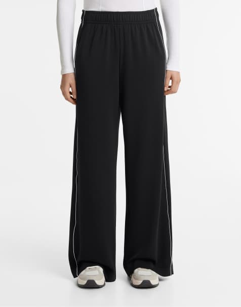 Oysho Side appliqué wide straight-leg trousers with modal in black - view 1