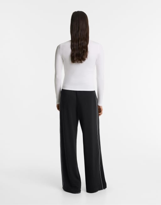 Oysho Side appliqué wide straight-leg trousers with modal in black
