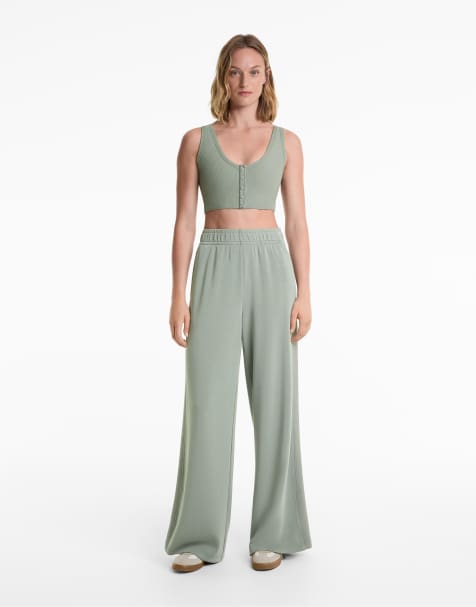 OYSHO Side rib straight-leg trousers with soft-touch modal in blue green