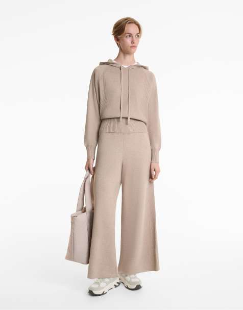 OYSHO Side rib wide-leg knit trousers in soft mink - view 1