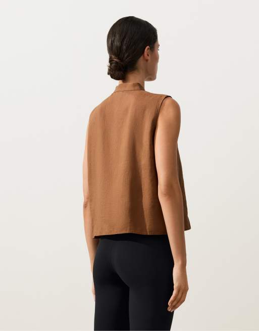 OYSHO Sleeveless 100% linen stand-up collar shirt with buttons in brown, 4 of 4