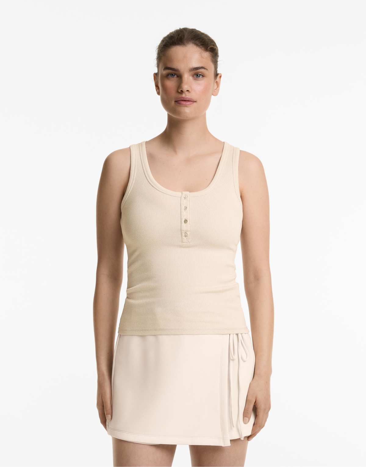 Oysho Sleeveless buttoned top with cotton and modal in pale mink