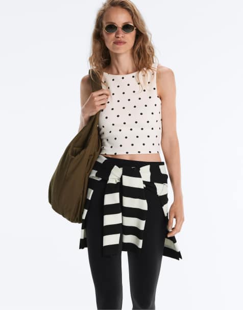 OYSHO Sleeveless polka dot t-shirt in pale ecru - view 1