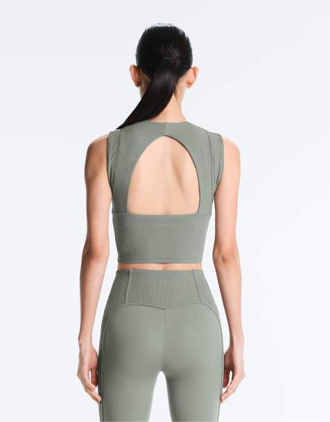 OYSHO Sleeveless rib comfortlux tank top in khaki-grey