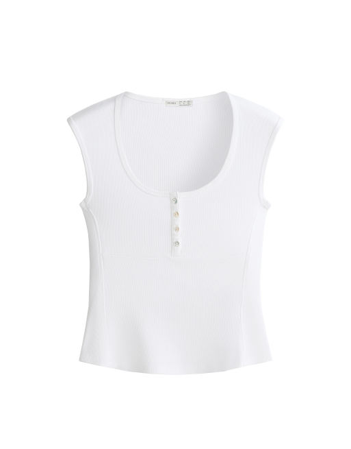 OYSHO Sleeveless rib t-shirt with cotton and modal buttons in off-white, 5 of 5