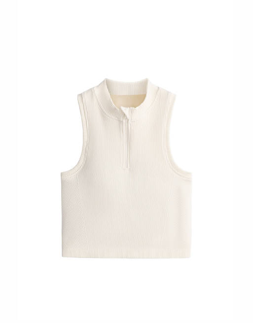 OYSHO Sleeveless seamless rib tank top with half-zip in pale ecru, 6 of 7