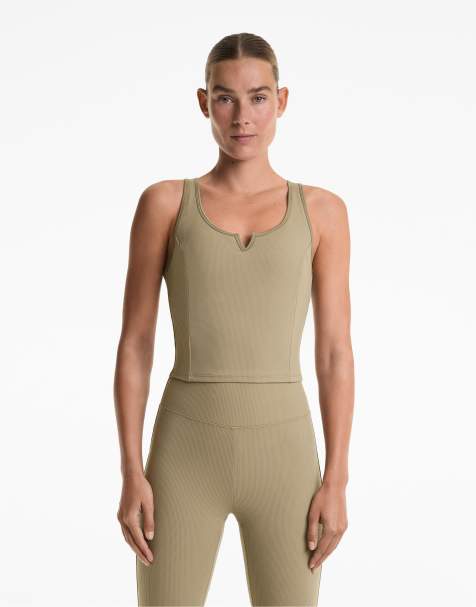OYSHO Sleeveless waffle tank top in washed khaki - view 1