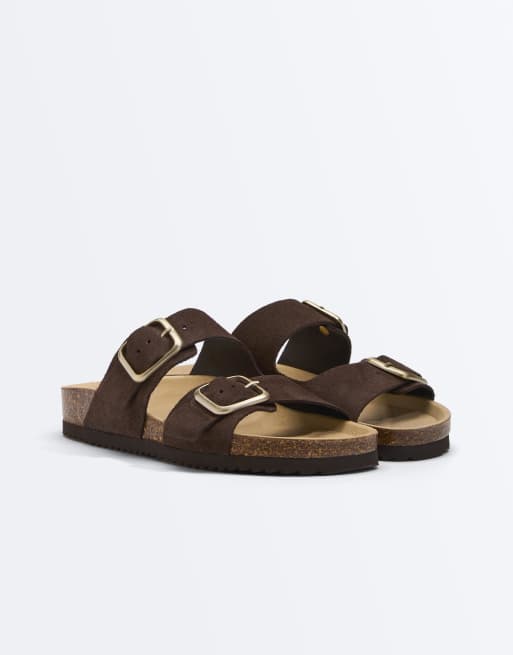 Oysho - Sliders in pelle marroni con fibbie, 3 di 4