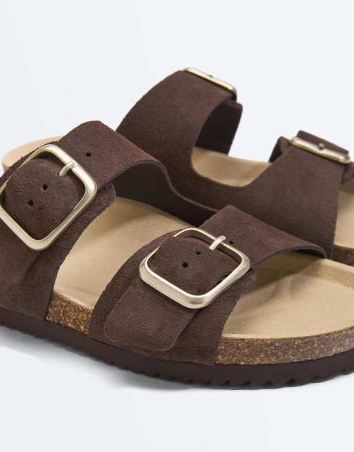 Oysho - Sliders in pelle marroni con fibbie, 4 di 4