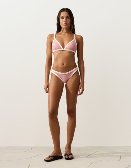 OYSHO - Slip bikini a media copertura rosa con taglio a U e finiture a contrasto