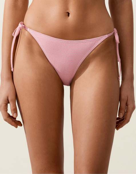 OYSHO - Slip bikini a media copertura rossi con stampa a righe e laccetti - view 1