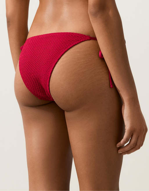 OYSHO - Slip bikini a media copertura rosso acceso a nido d'ape con laccetti, 4 di 4