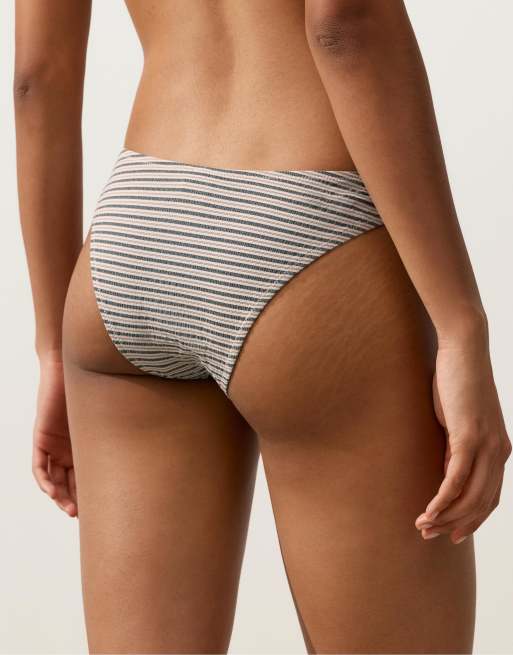 OYSHO - Slip bikini a U a copertura media color sabbia a righe, 4 di 4