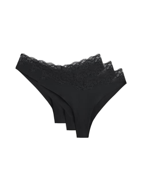 OYSHO slip brasiliani in poliammide con pizzo, taglio laser e scollo a V, neri