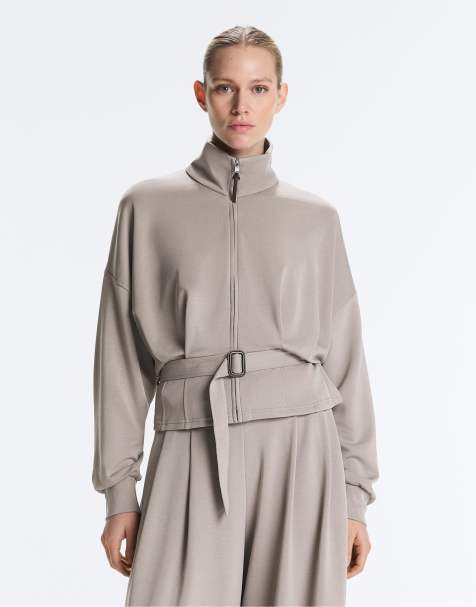 OYSHO Soft-touch modal jacket with corset belt in pale taupe - view 1