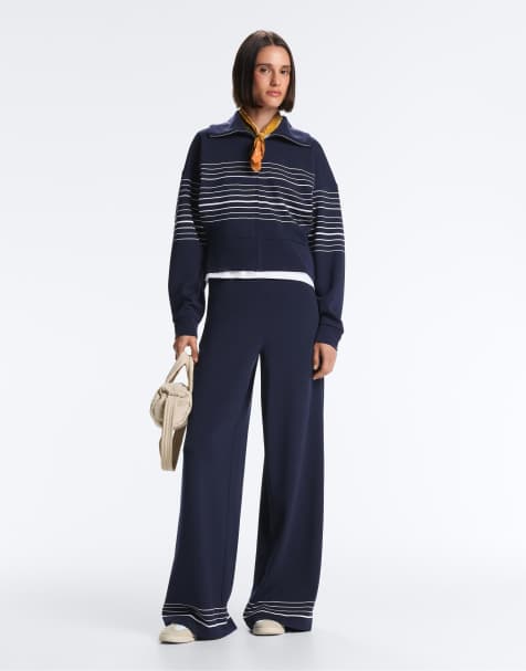 OYSHO Soft-touch modal trousers with sailor stripe detail in navy - view 1