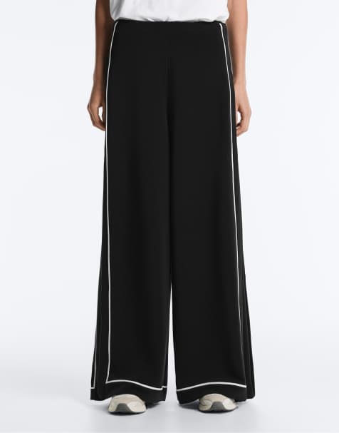 OYSHO Soft-touch modal wide-leg trousers with contrast piping in black - view 1