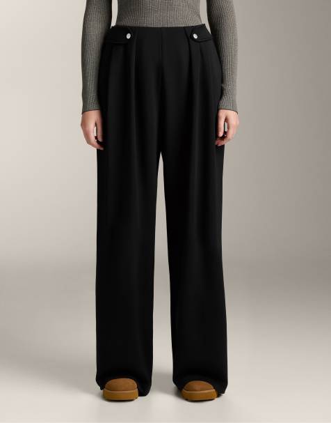 OYSHO Soft-touch modal wide-leg trousers with pleat waist detail in black - view 1