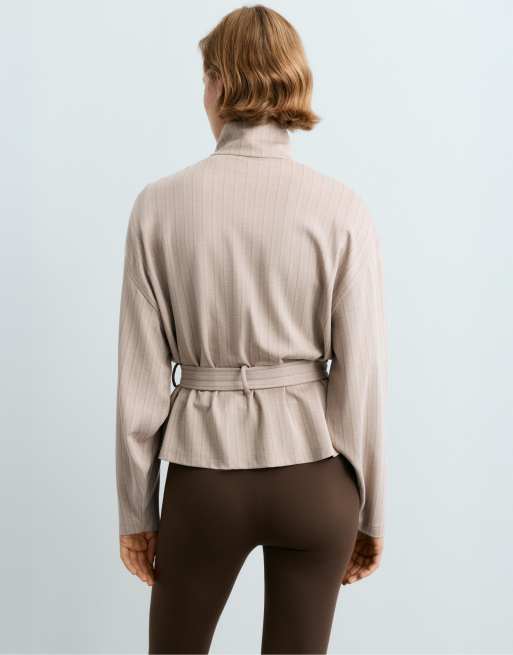 OYSHO Soft-touch striped belted jacket in mink, 4 of 6