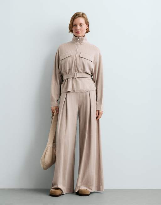 OYSHO Soft-touch striped belted jacket in mink, 5 of 6