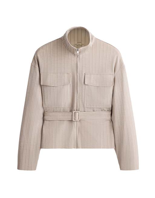 OYSHO Soft-touch striped belted jacket in mink, 6 of 6