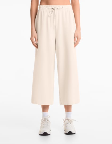 OYSHO Soft-touch wide-leg crop trousers with modal in stone