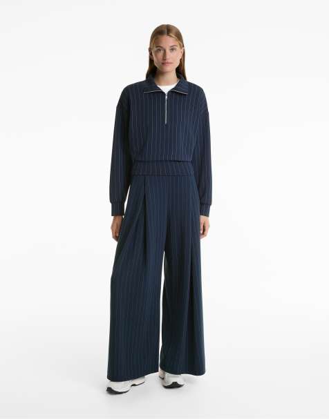 OYSHO Soft-touch wide-leg striped trousers with front pleat and modal in navy - view 1