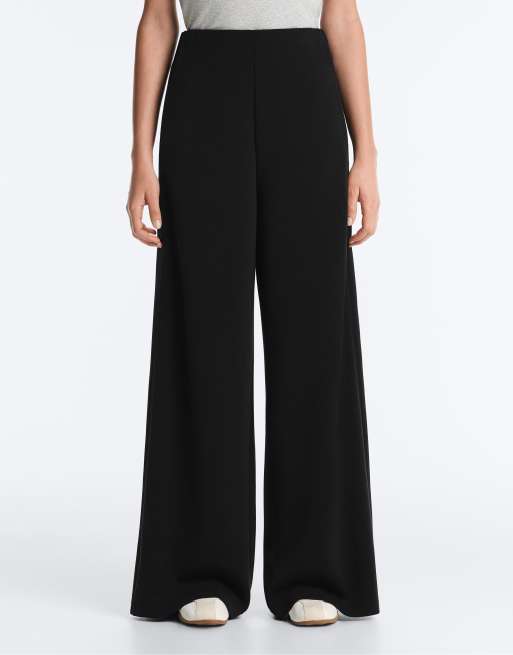OYSHO Soft-touch wide-leg trousers with modal and faggoting embroidery in black, 2 of 4