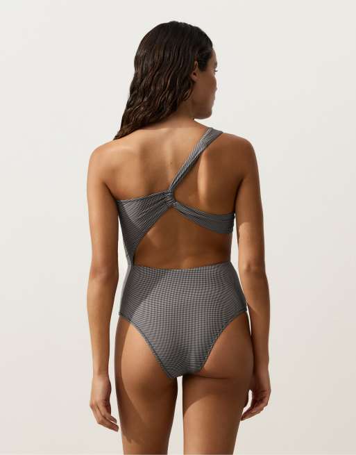 OYSHO - Sort asymmetrisk mini-trikini med gingham-tern, 2 af 4