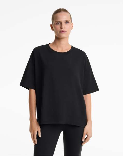 Oysho - Sort T-shirt med korte ærmer i bomuldsblanding i firkantet pasform - view 1