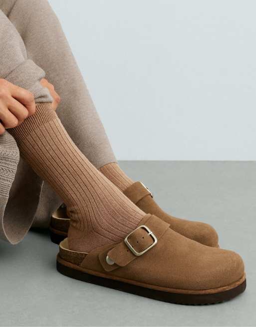 OYSHO Split-leather buckled mules in brown, 2 of 7