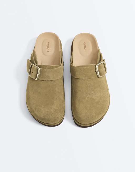 OYSHO Split-leather buckled mules in khaki, 4 of 7
