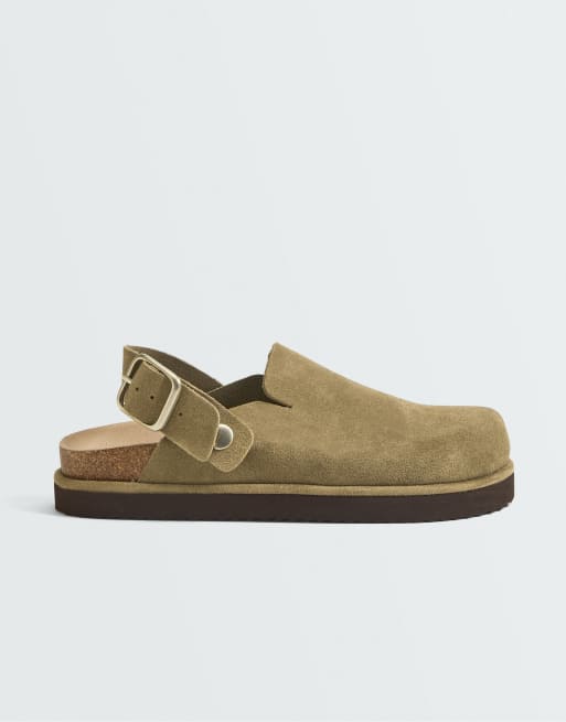 OYSHO Split-leather buckled mules in khaki, 6 of 7