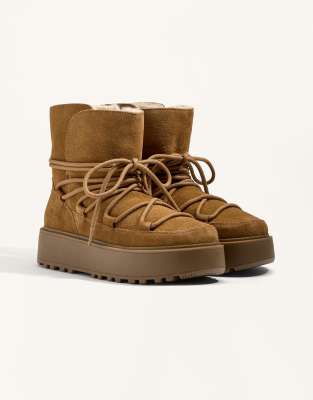  Split-leather platform boots with flap in toasted brown