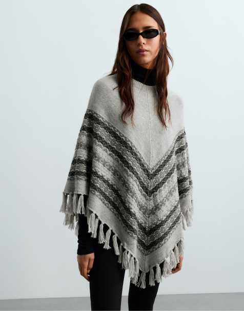 OYSHO stickad poncho 30 % ull i grå - view 1
