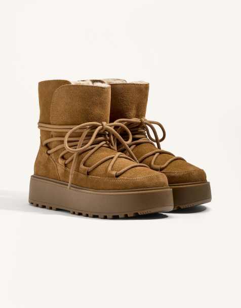 OYSHO - Stivaletti in pelle combinata marrone tostato con plateau e linguetta - view 1