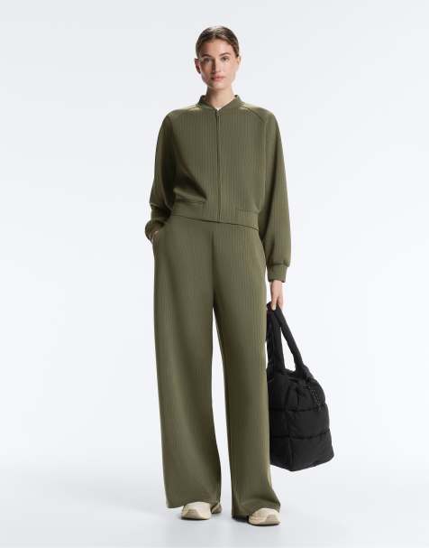 OYSHO Straight-leg striped trousers with soft-touch modal in khaki