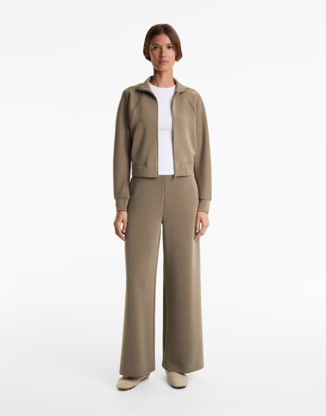 OYSHO Straight-leg striped trousers with soft-touch modal in mocha