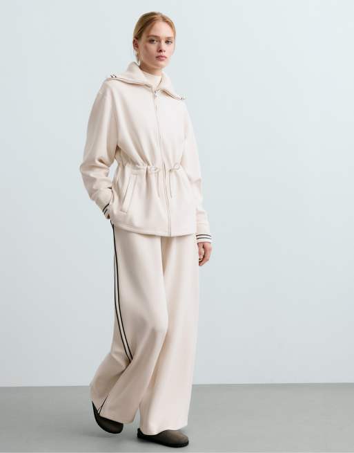 OYSHO Straight-leg trousers with modal, brushed finish and piping in pale ecru, 3 of 6