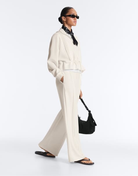 OYSHO Straight-leg trousers with soft-touch modal and piping in pale ecru