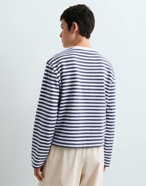 OYSHO stribet boxy langærmet T-shirt i blå og hvid, 4 af 5
