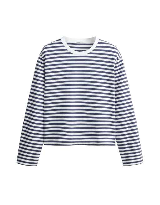 OYSHO stribet boxy langærmet T-shirt i blå og hvid, 5 af 5