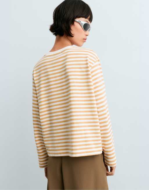 OYSHO stribet boxy langærmet T-shirt i lysegul, 4 af 5