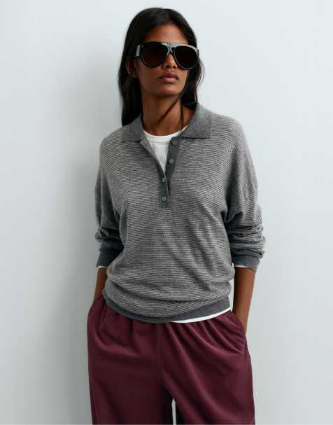 OYSHO Stribet strik-polo i antracit, 100 % uld - view 1