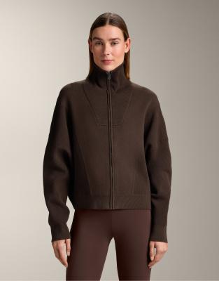 OYSHO - Strickjacke in Dunkelbraun mit geripptem Kragen-Brown