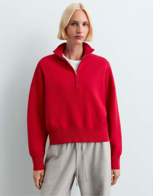 OYSHO Strickpullover aus Baumwollmix mit halbem Reißverschluss in Rot, 3 von 7